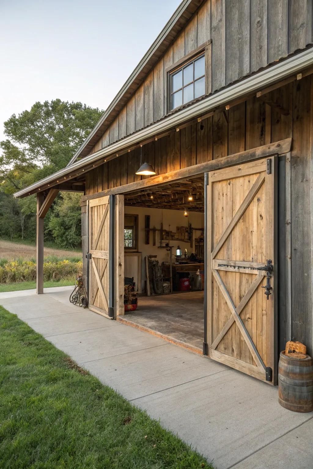 Sliding barn doors add a country touch and save space in this barn garage.