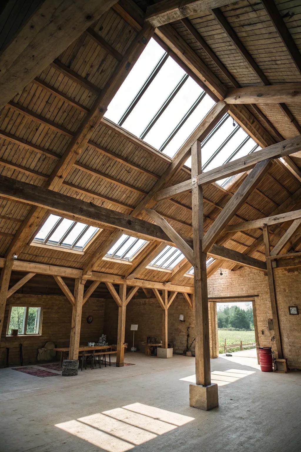 Overhead lights enhancing natural light and highlighting wooden interiors.