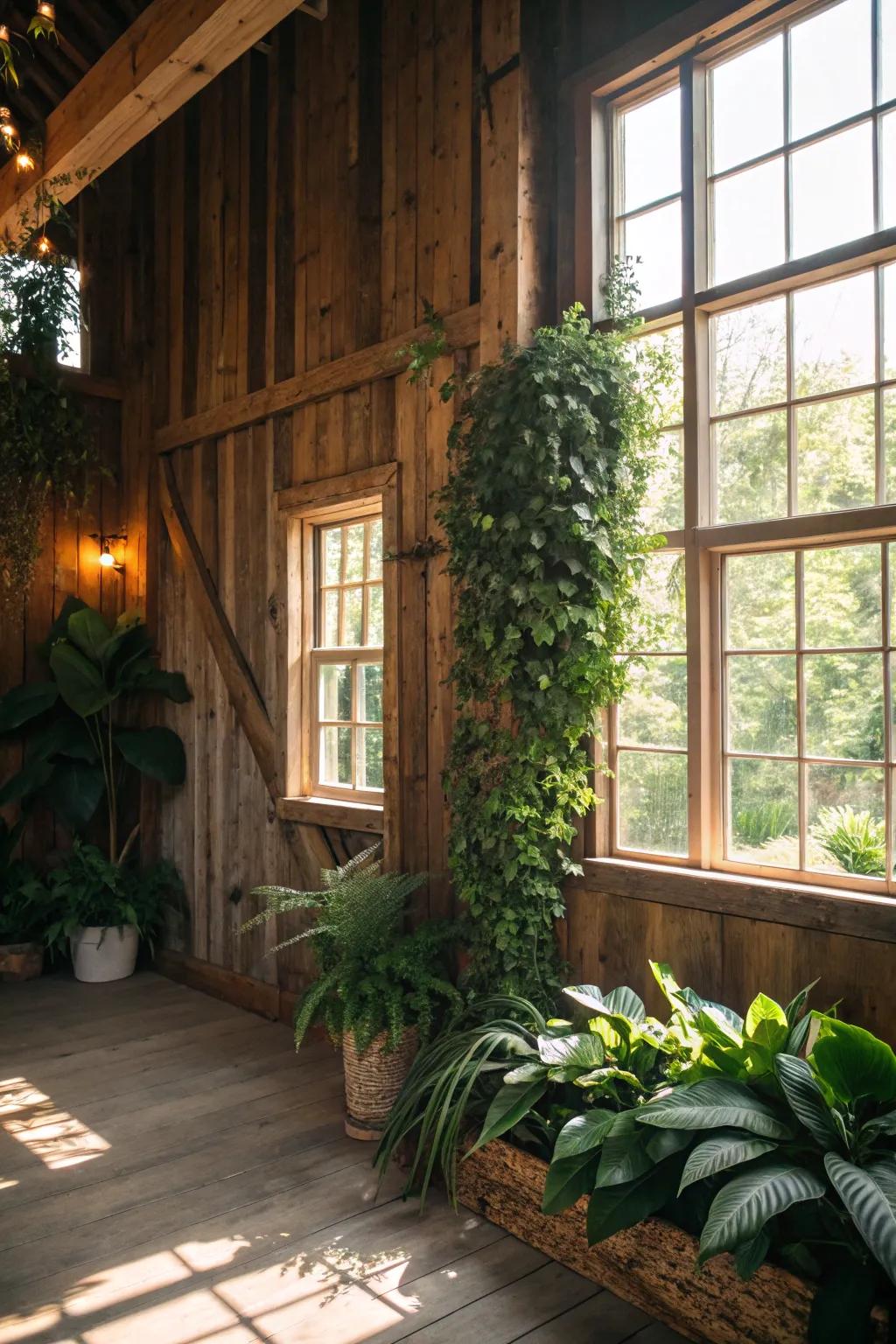 Channel nature indoors through barn timber and greenery.