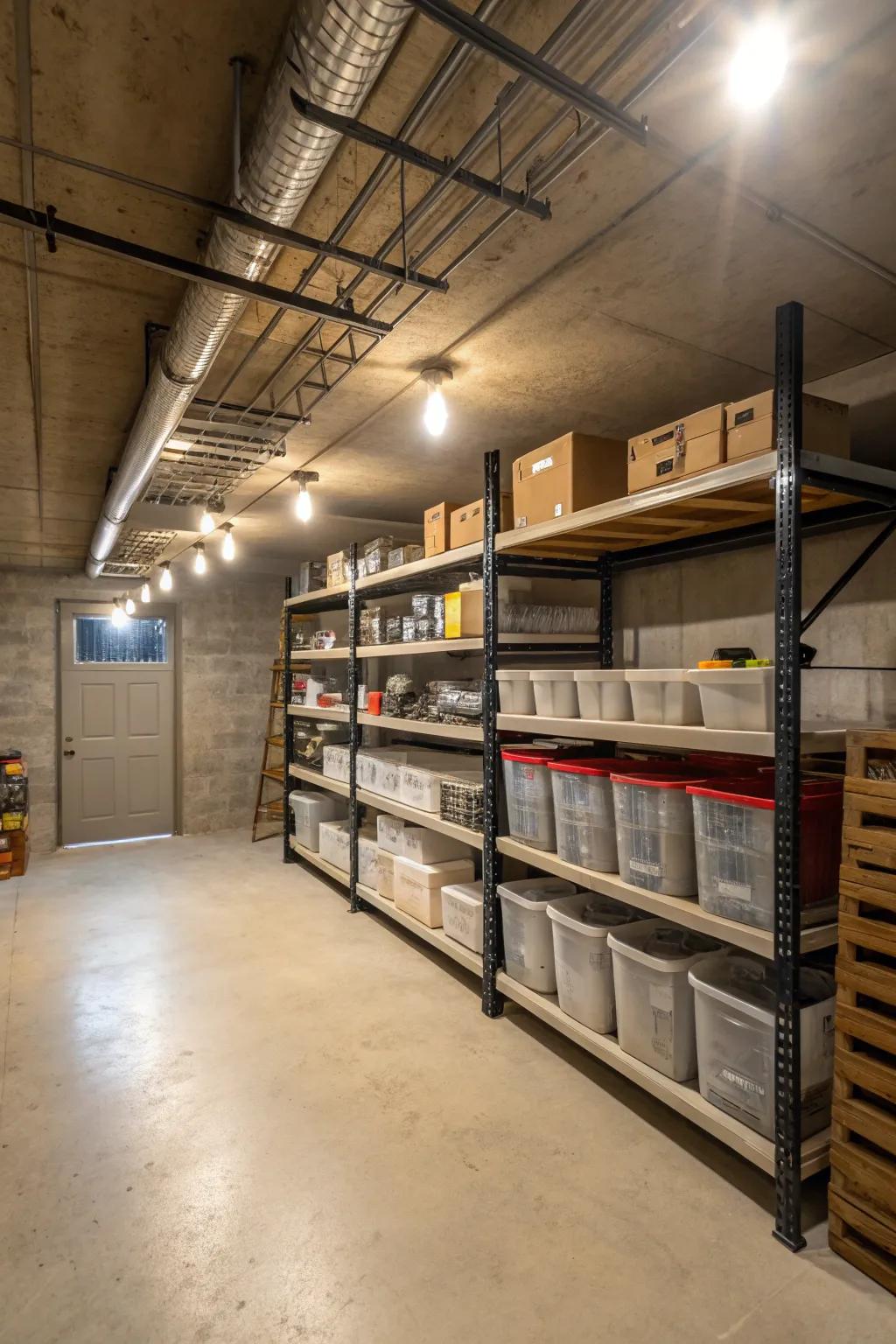 Track illumination enhances visibility and ambiance within the basement.