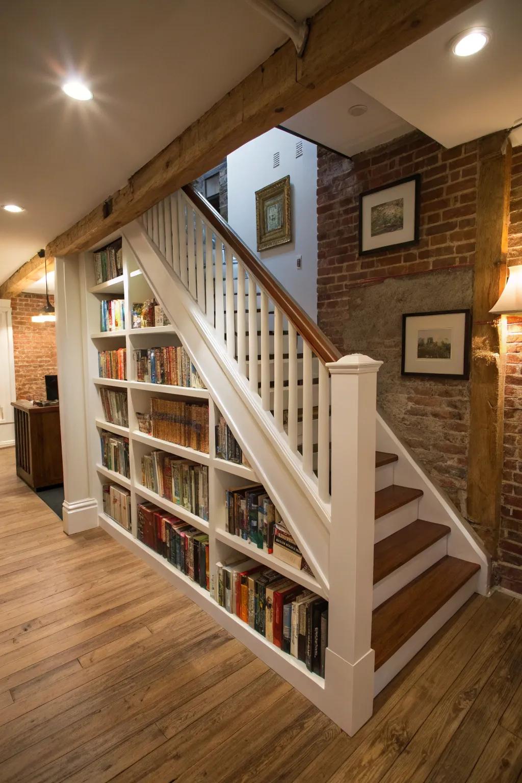 Bookshelf railings blend functionality with personal flair.