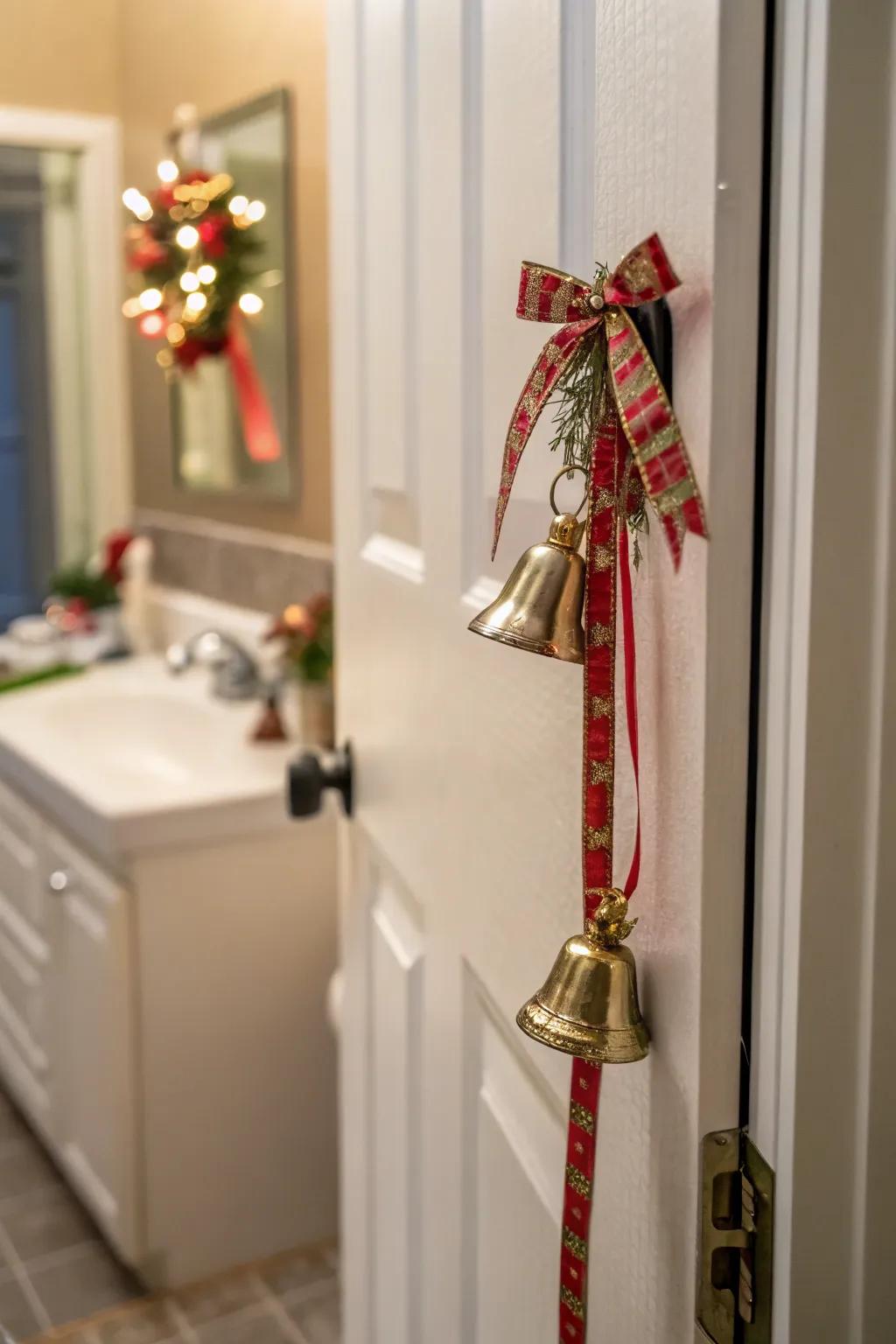 Holiday chimes contribute a celebratory jingle to this bathroom entrance.