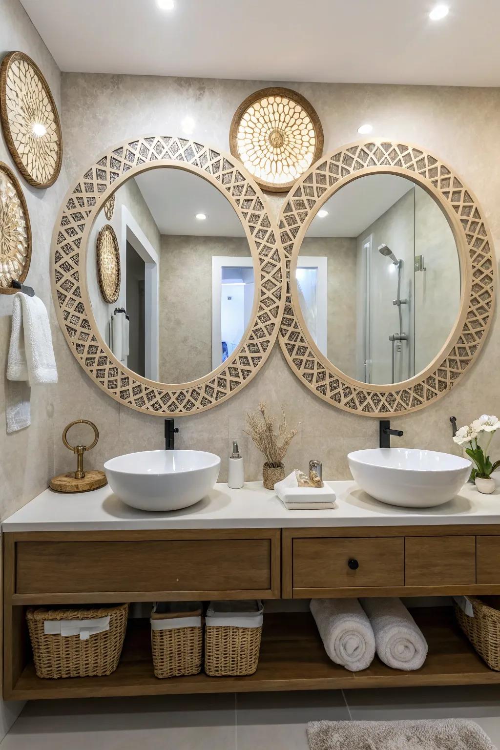 A bathroom featuring unique glass designs, adding an artistic and functional aspect to the decor.