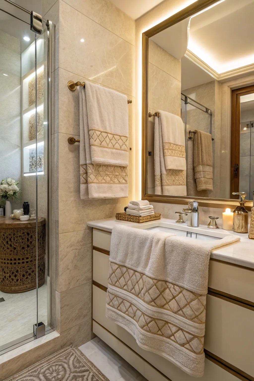 Sand and fawn towels offer a soothing and elegant hint.