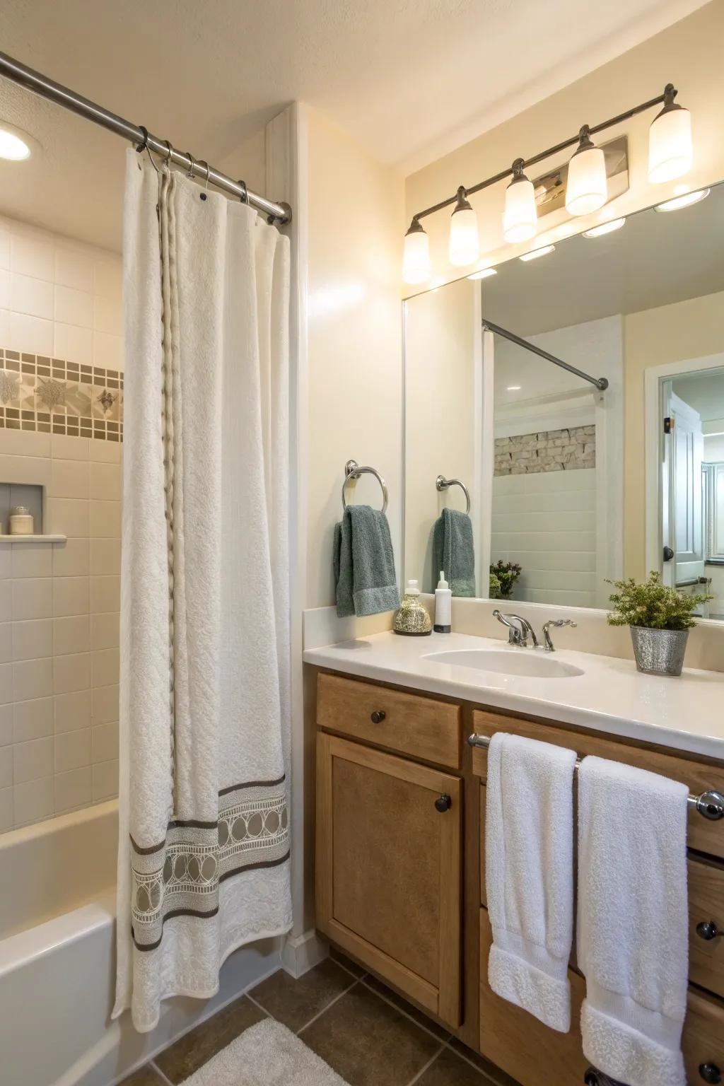 A shower rod cleverly repurposed into a towel shelf.