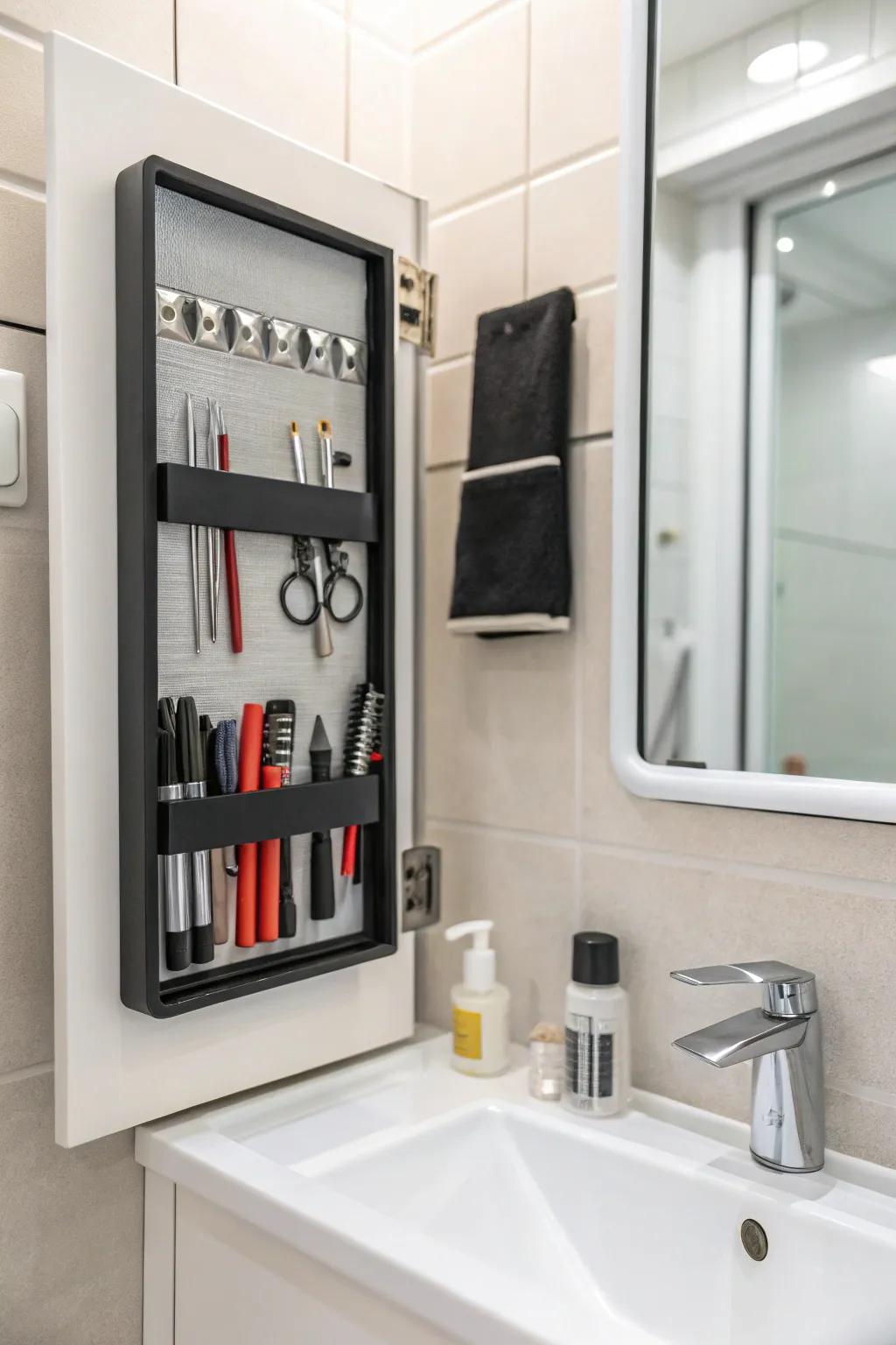 Magnetic strips arrange small metal tools.