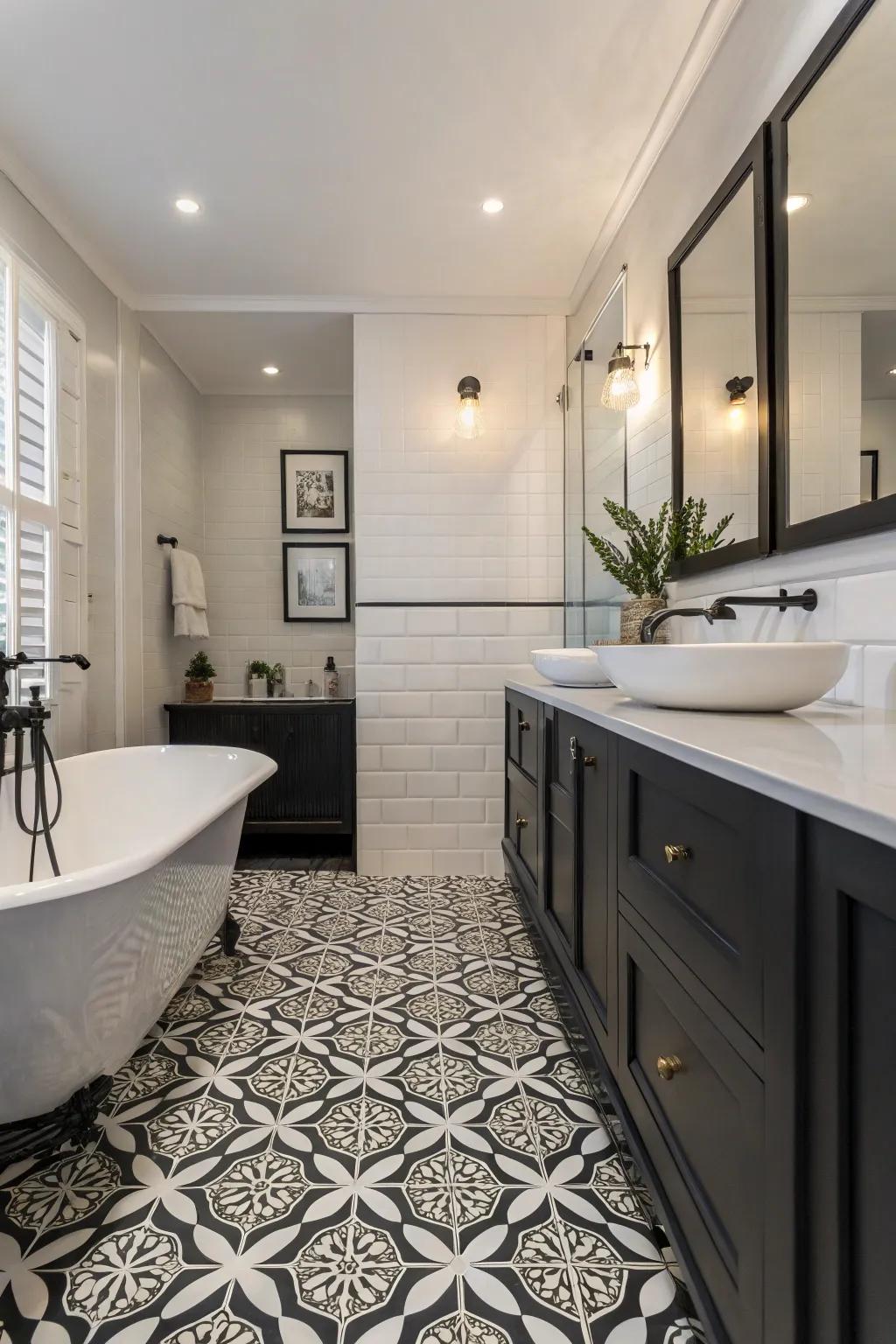 Monochrome <strong><em>plastic-based floors</em></strong> includes ageless style to this stylish restroom.” loading=”lazy” class=”pimg”>
	</picture><figcaption>Monochrome <strong><em>plastic-based floors</em></strong> includes ageless style to this stylish restroom.</figcaption></figure>
<p>There’s something so stylish about a <strong><em>monochrome color pattern</em></strong>. <strong><em>Plastic-based floors</em></strong> in black and white can include an ageless style.</p>
<h3>A few suggestions:</h3>
<ul class=
