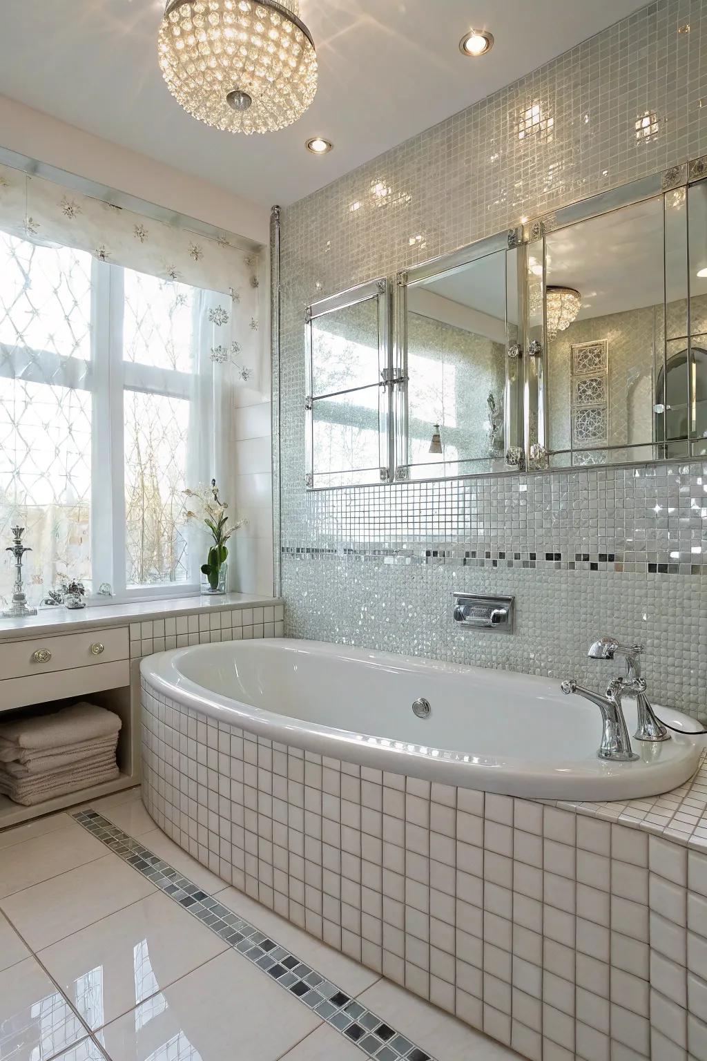 Shimmering luminosity generated through reflective glass tiling