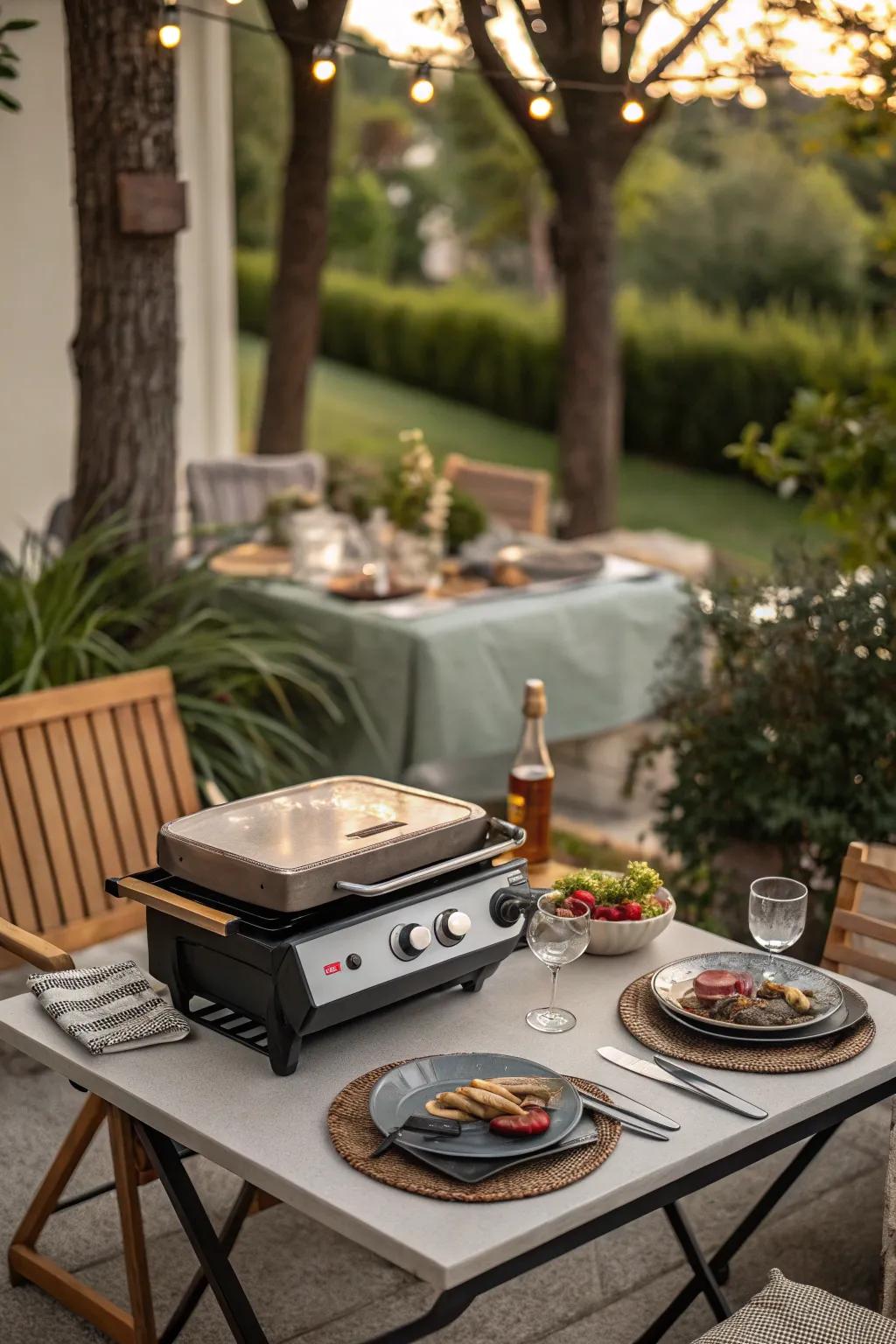 Tabletop cooking station for intimate outdoor suppers.