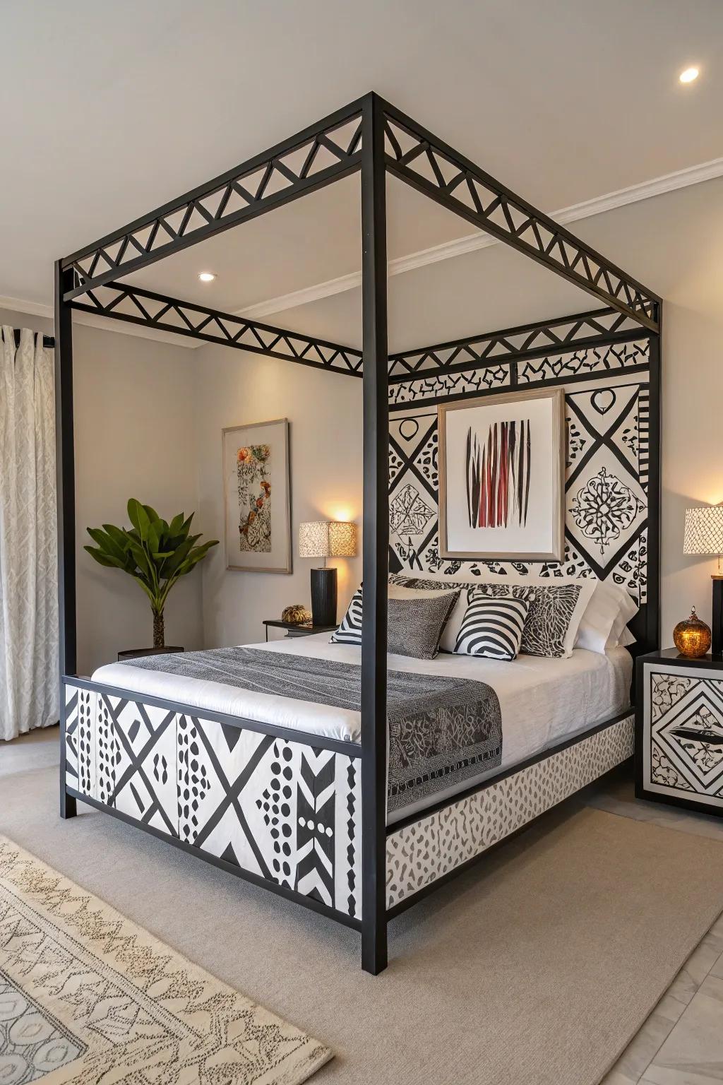 A geometric bed base incorporates a modern and artistic twist.
