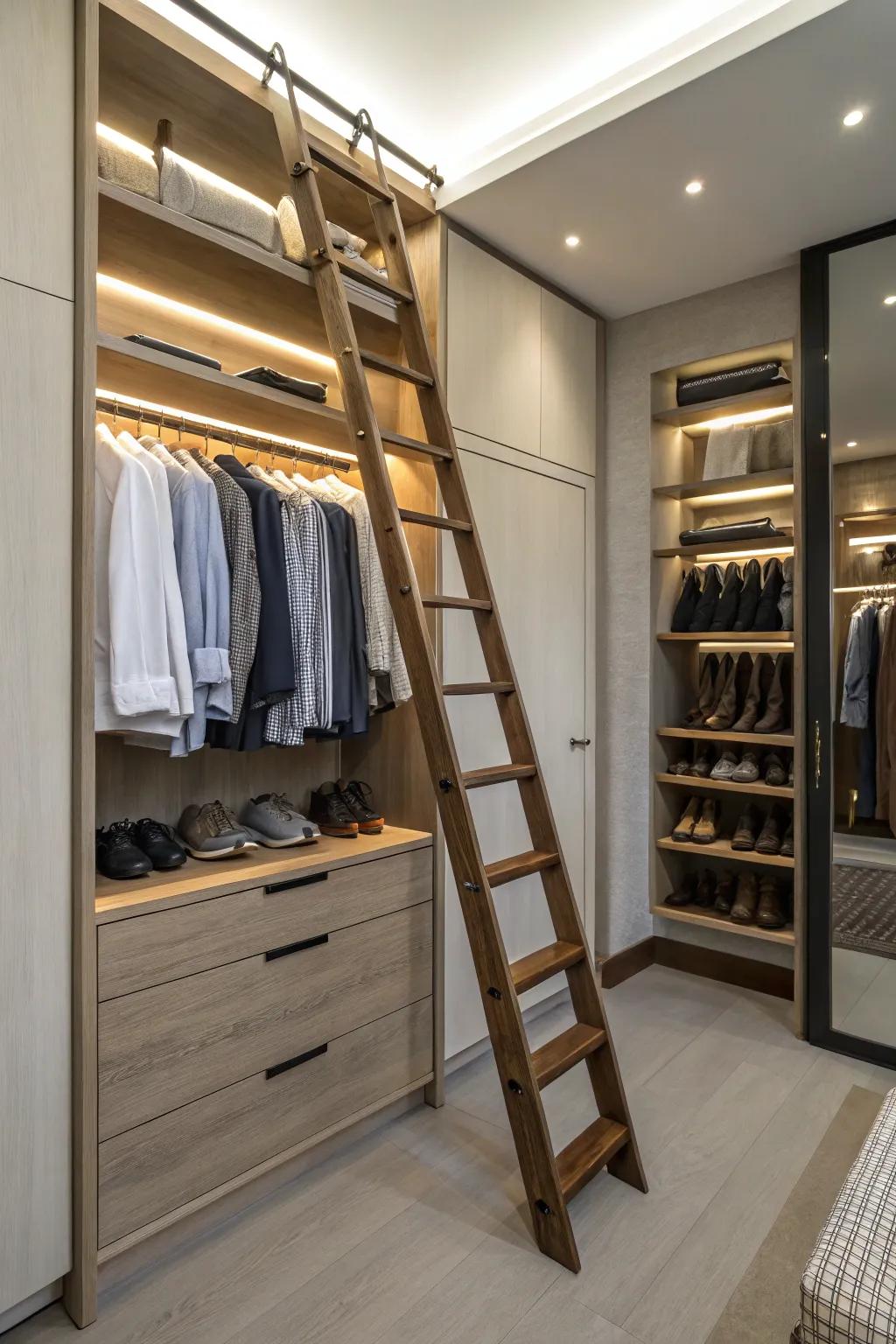 A ladder facilitates access to high storage while also adding elegance.