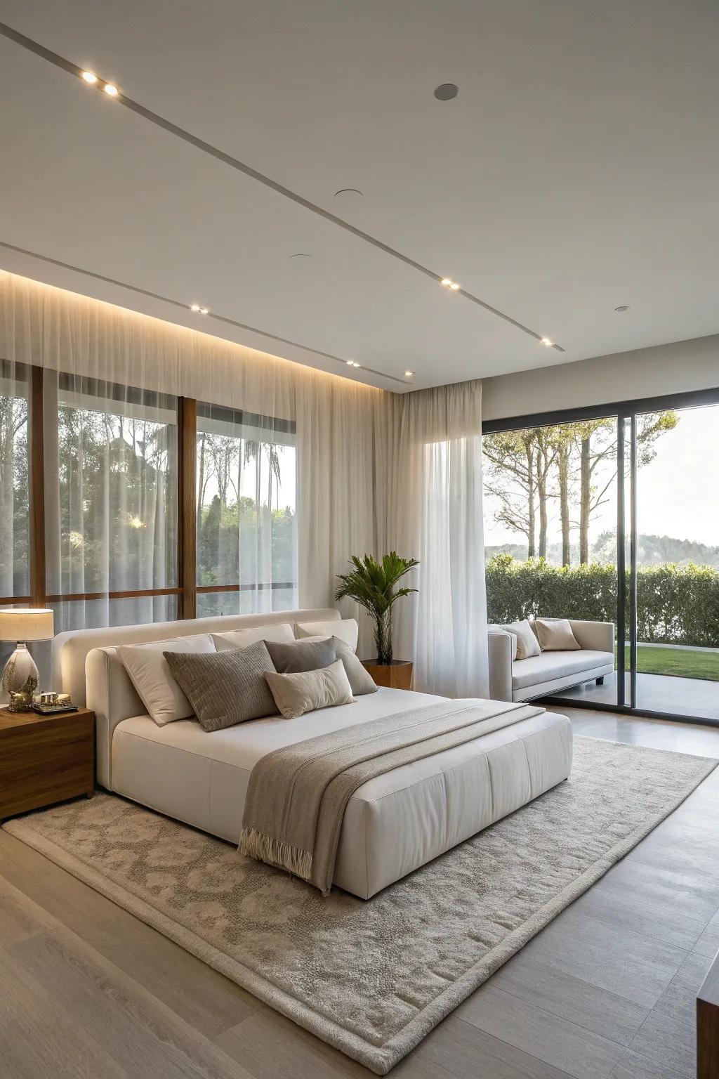 An ultra-modern sectional in a bedroom, providing ample seating and modern style.
