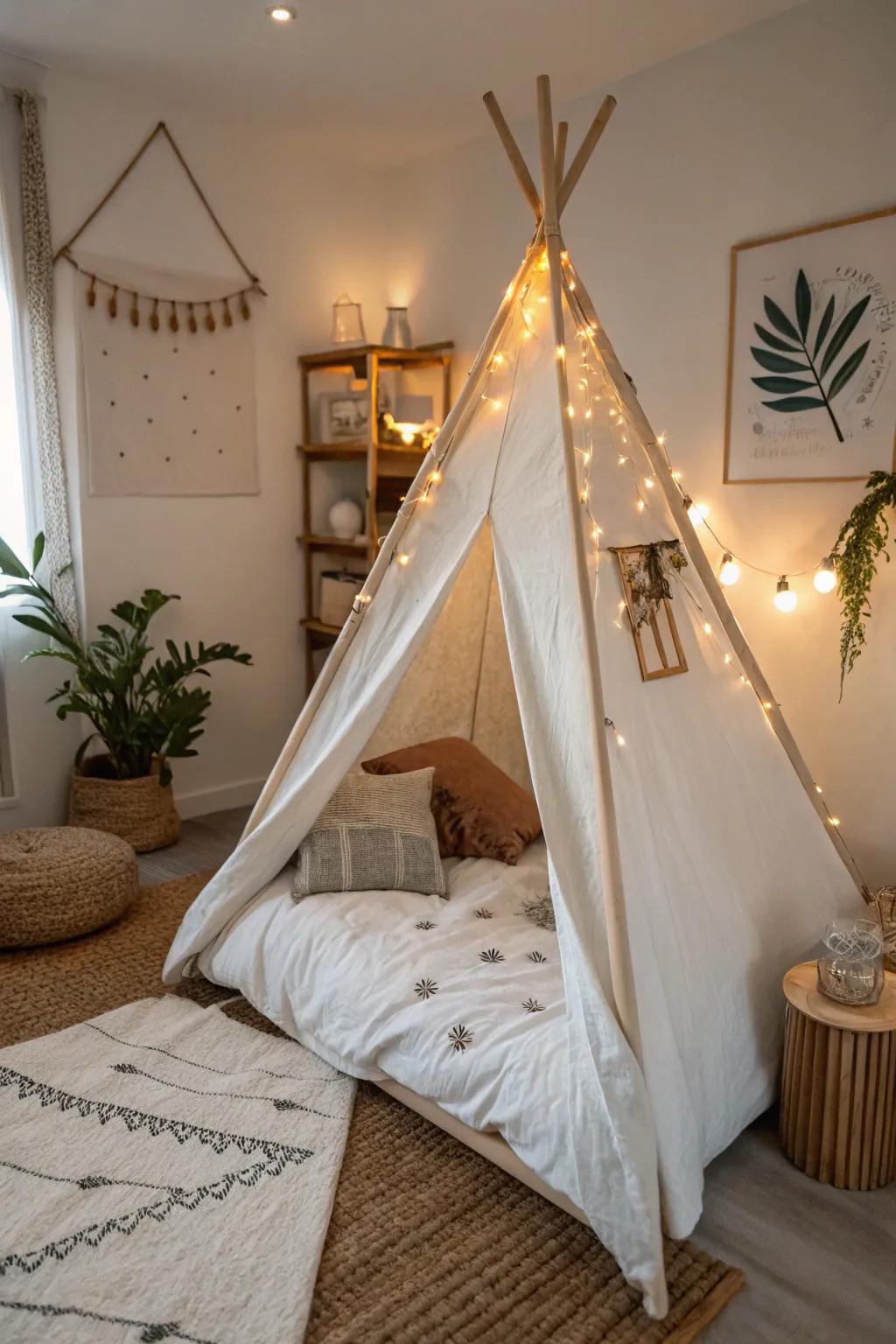 Transform your cozy hideaway into an artistic sanctuary with minimalist charm and Boho touches. 🎨✨ #BedroomFort #ScandinavianStyle #ArtisticCanvas
