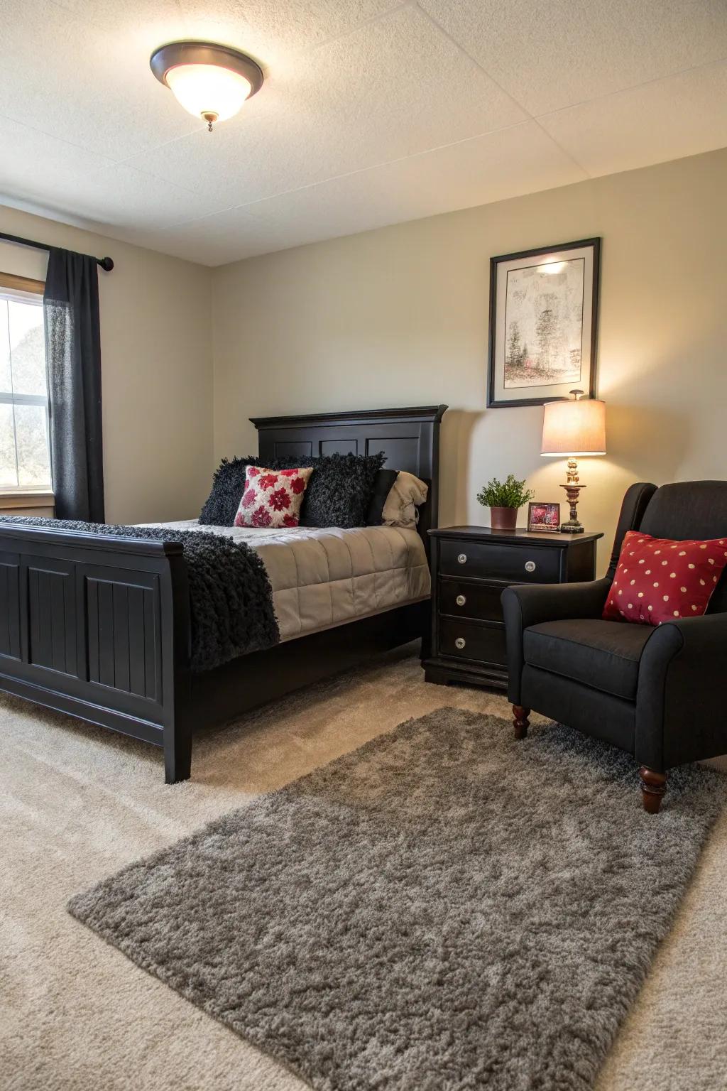 A plush rug softens and stabilizes a bedroom enhanced with bold dark furniture.