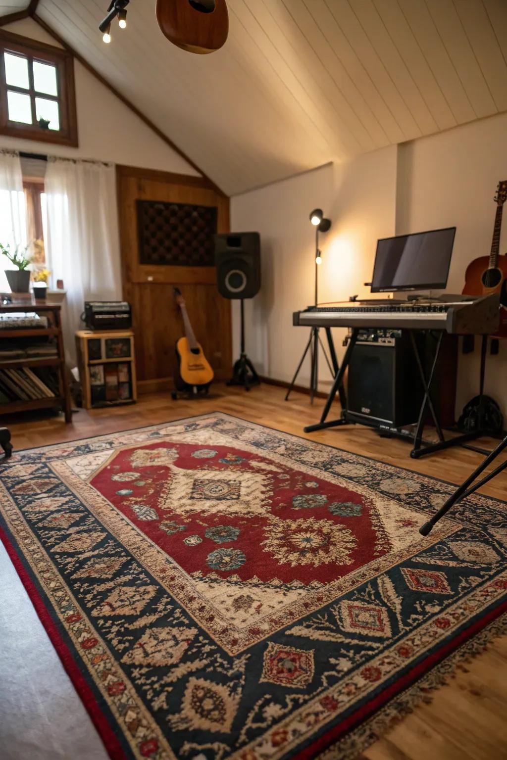 A soft rug brings acoustic warmth and a touch of style to your music studio.