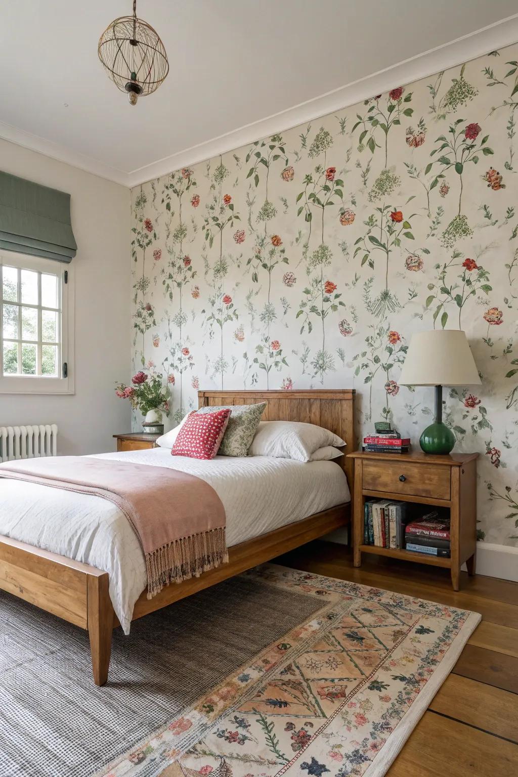 A bedroom with a wall that draws you in.