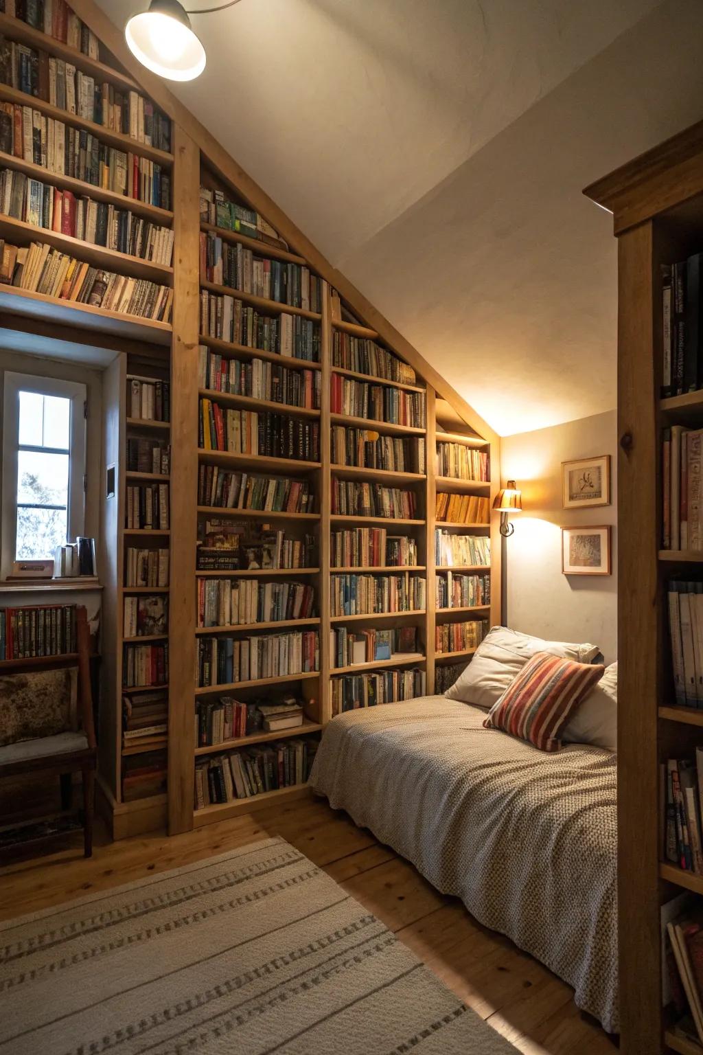 A library wall can materialize into a book lover's aspiration within a bedroom.