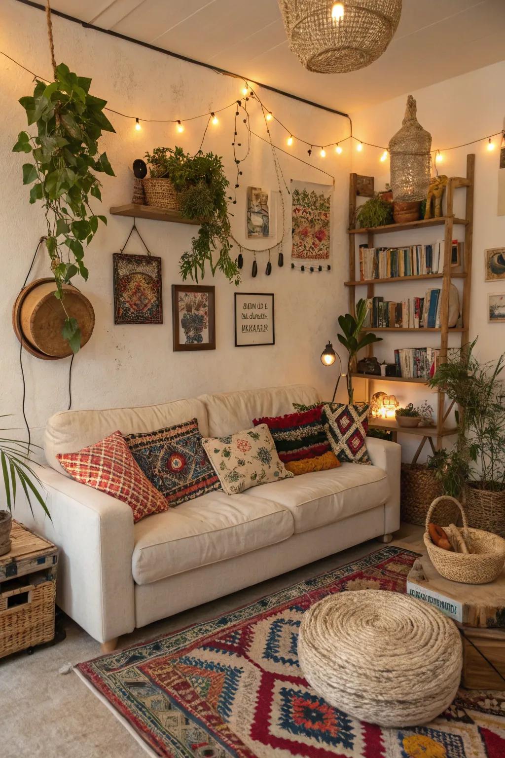 A bohemian living room with a sand-toned sofa and an array of vibrant patterns.