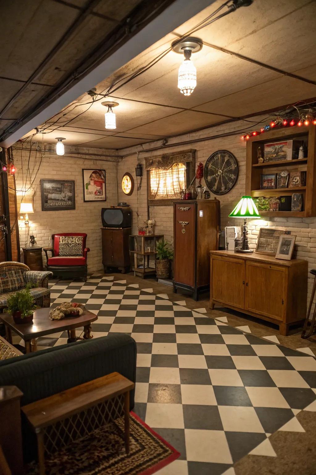 Tartan designs offer a playful, classic look in basements.