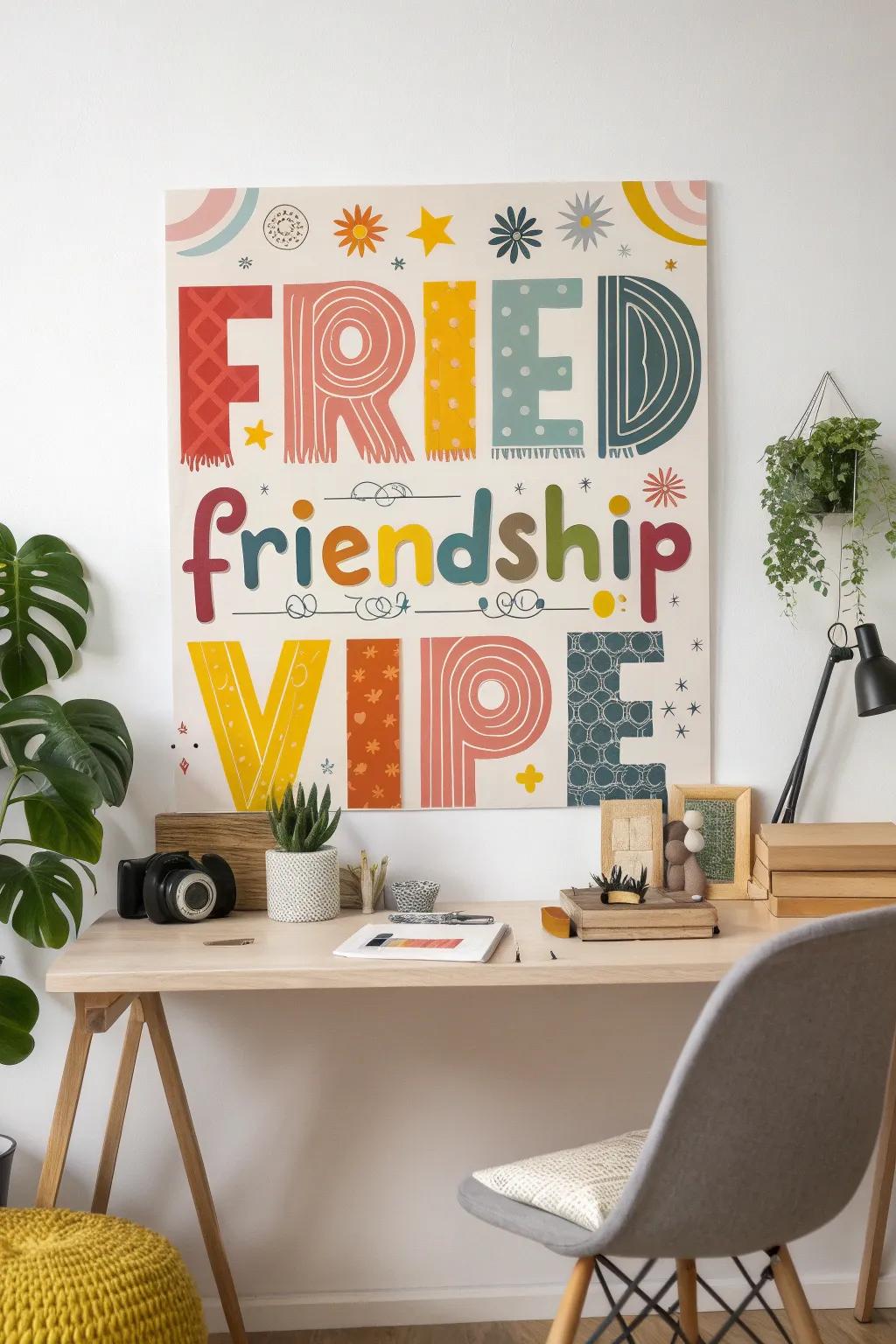 A funky writing style collage creatively expressing a friendship mantra.