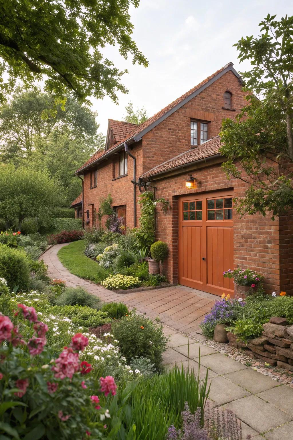 Terracotta garage doors enhance the earthy warmth of red brick homes.