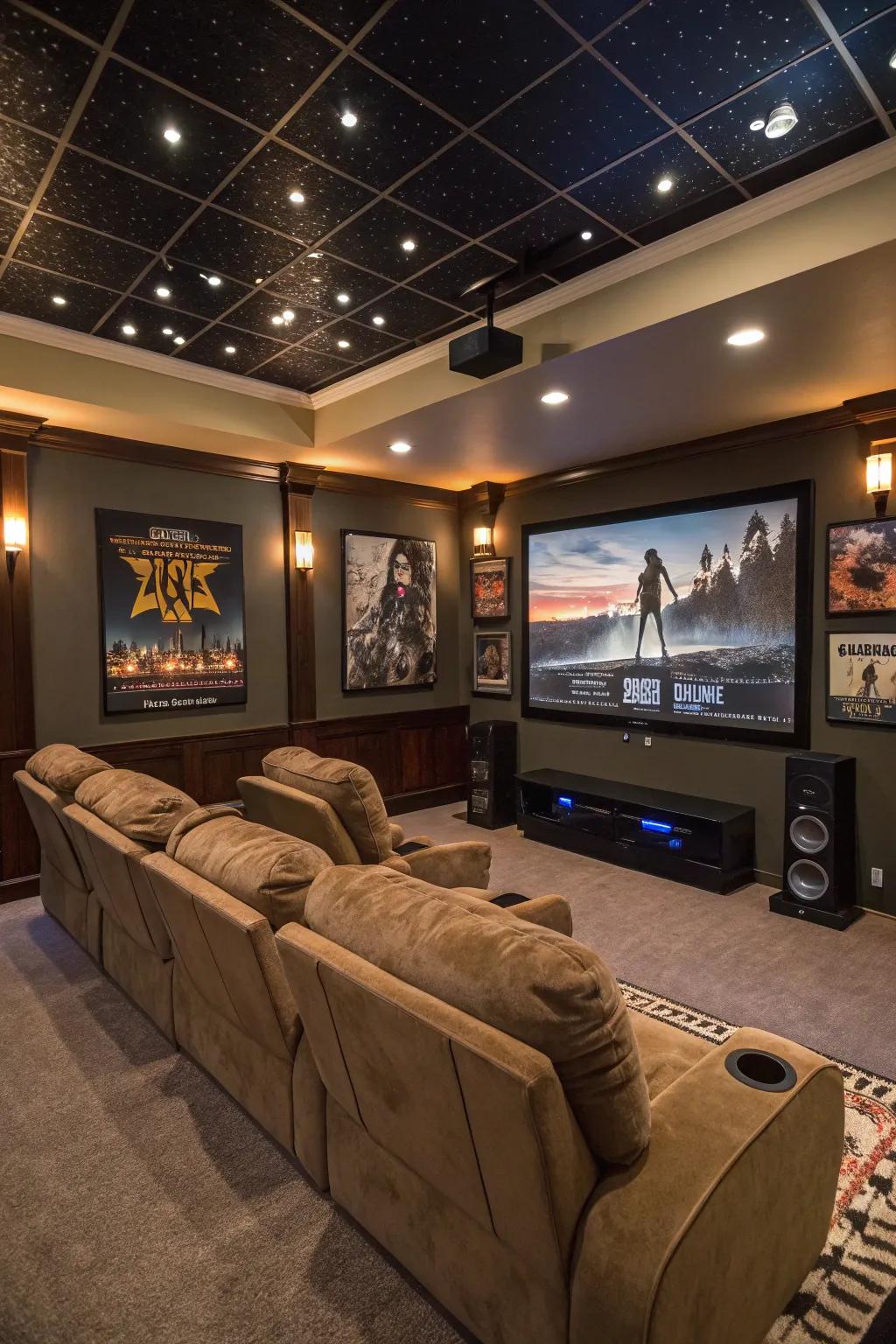 Themed seating adds a personal and unique touch to this home theater.