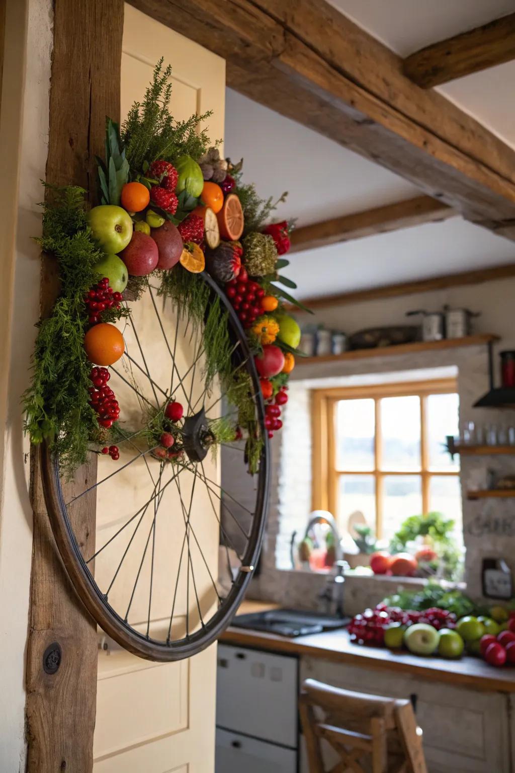 A harvest-themed bicycle wreath showcasing fruits and vegetables for a refreshing aesthetic.