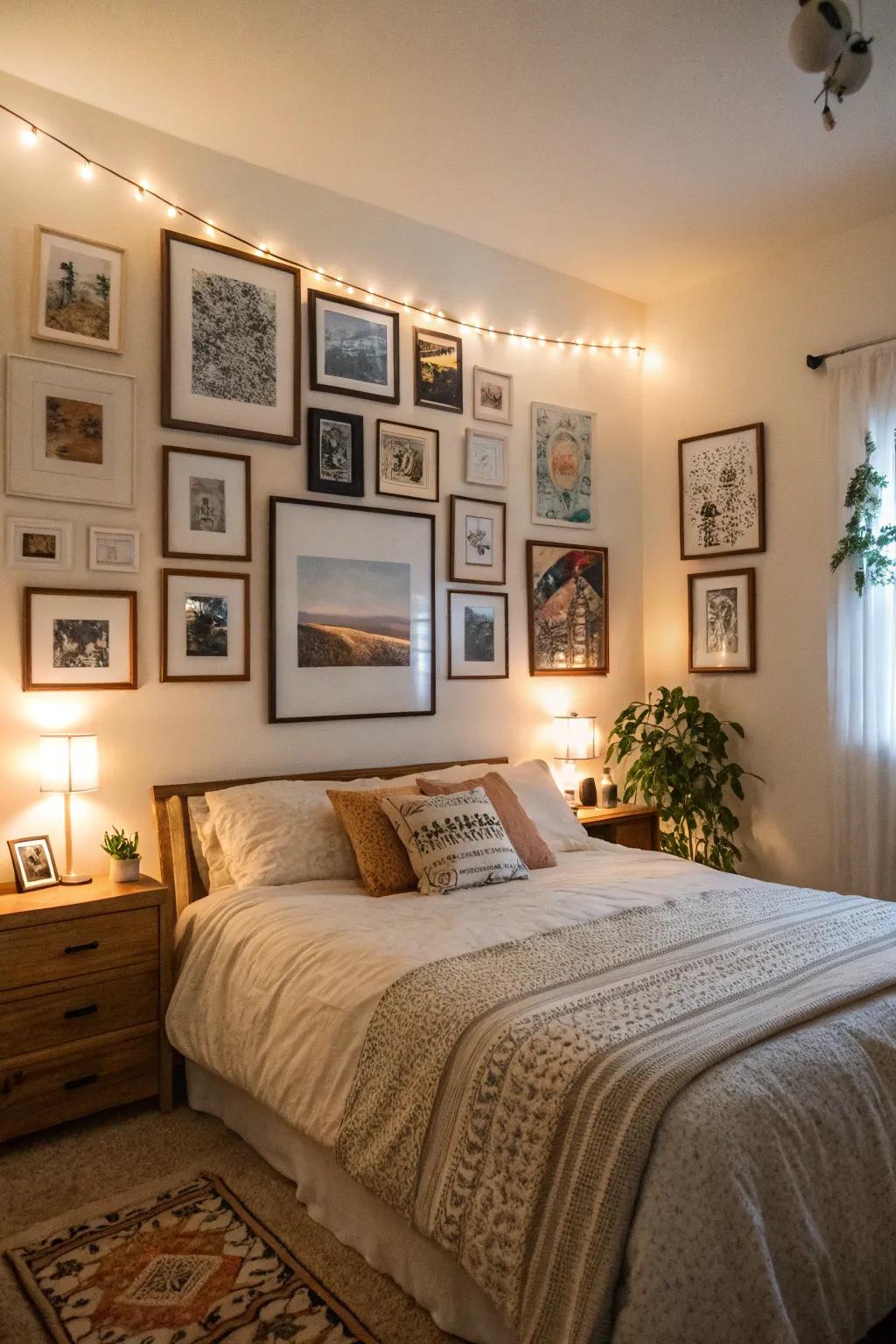A large bedroom featuring a curated gallery wall of personal art.
