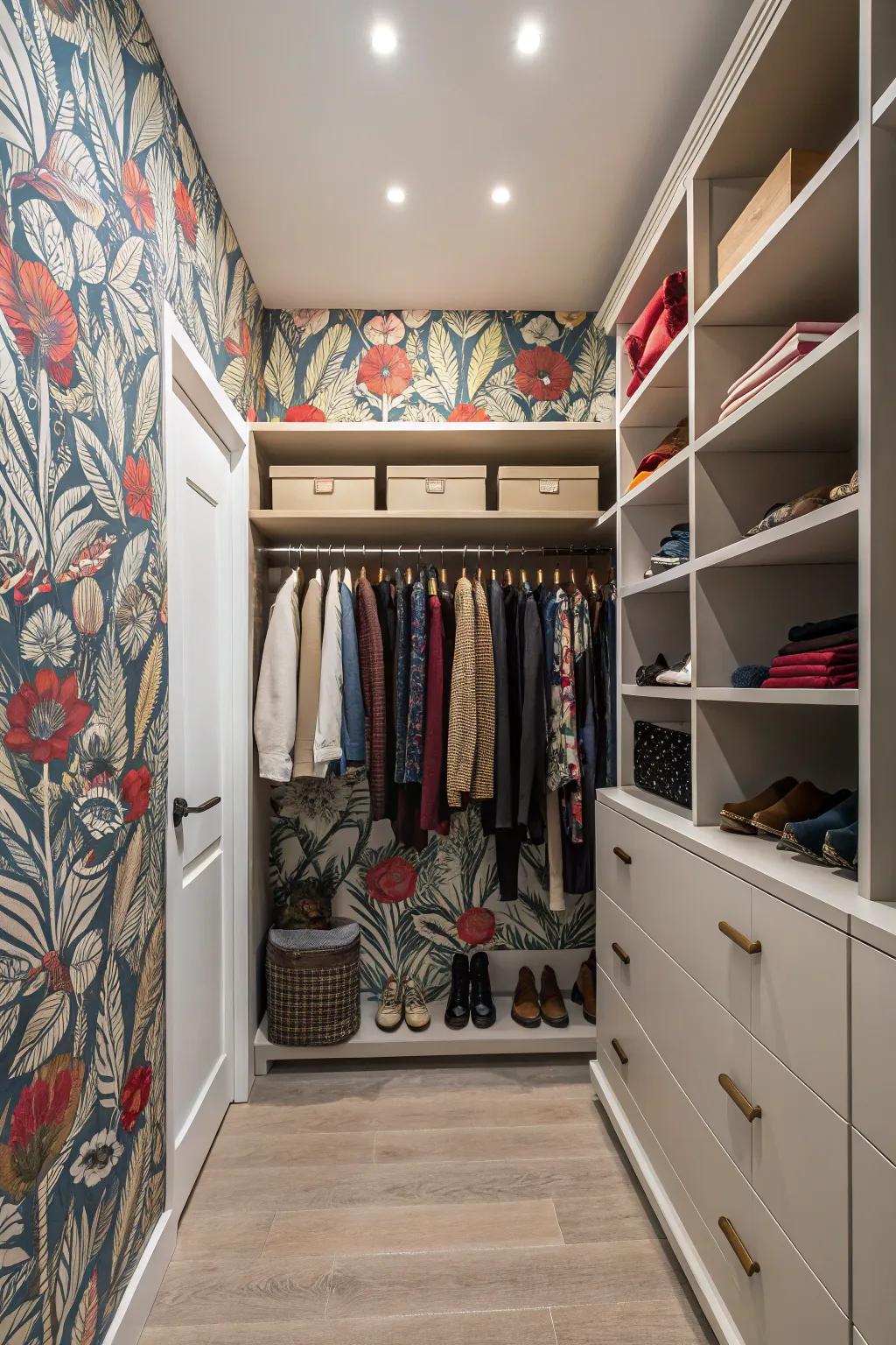 A closet featuring a bold feature wall with unique wallpaper.
