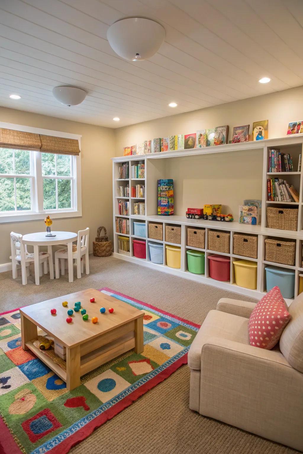 Achieve harmony with a symmetrical and well-planned playroom layout.