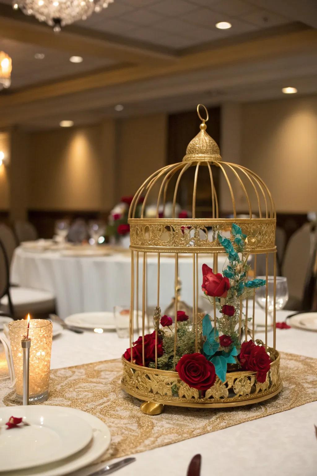 A gilded glamour bird sanctuary centerpiece featuring lavish particulars.