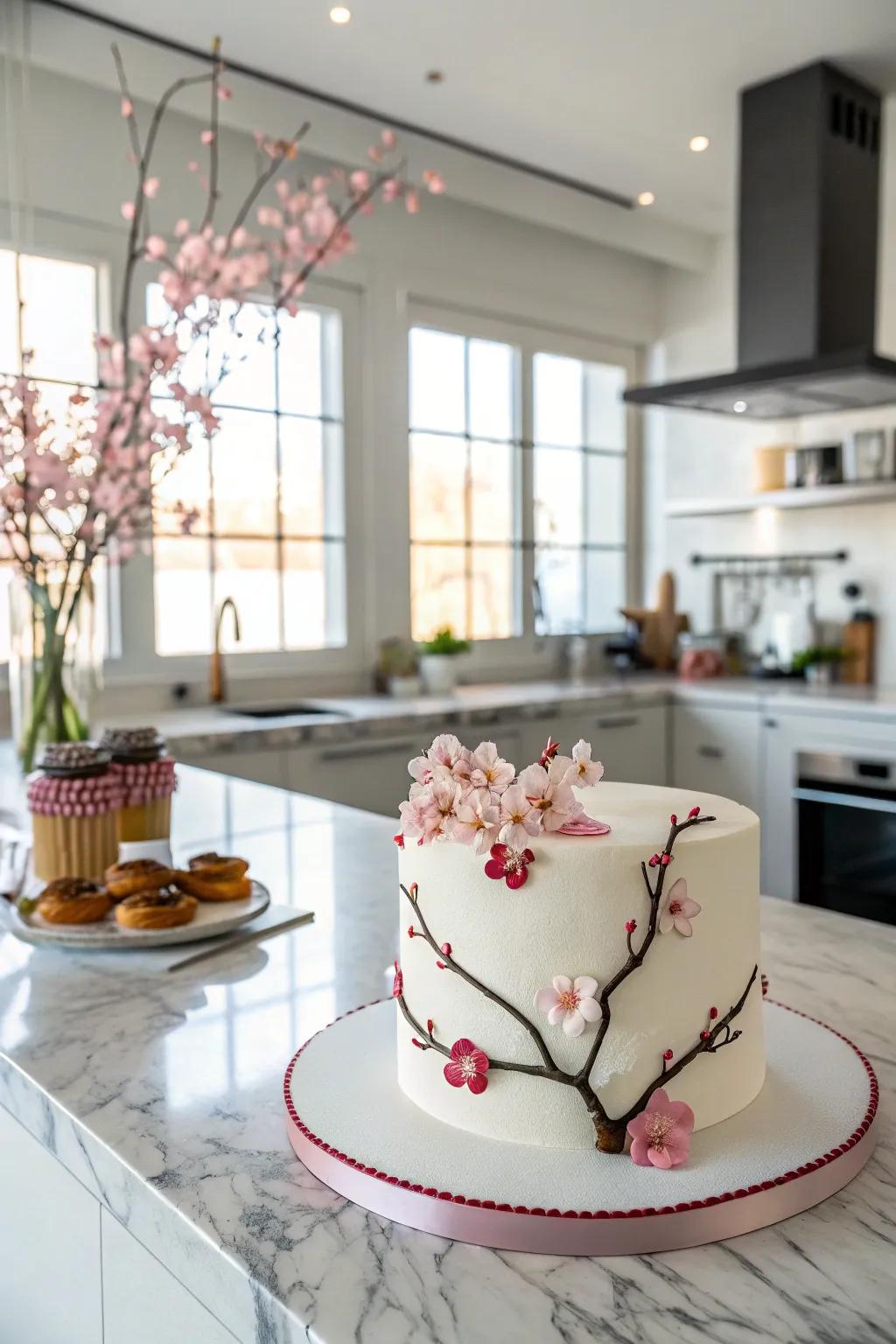 Modern understatement converges with elegance in this cherry blossom cake.