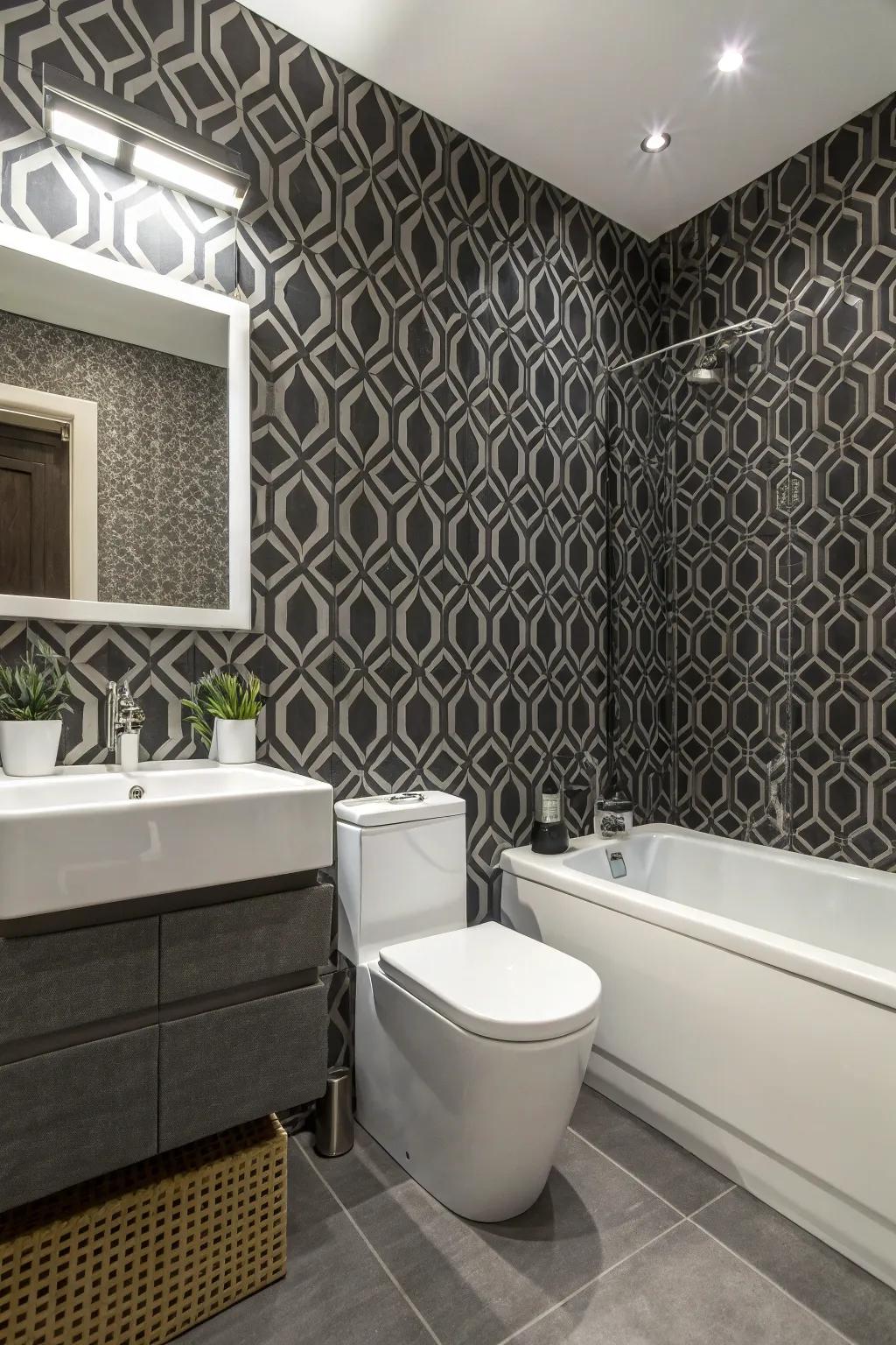 A bathroom featuring detailed covering for a distinctive look.