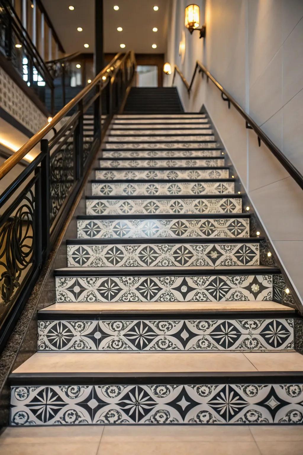 Symmetrical designs bring harmony to a noir and blanc staircase.