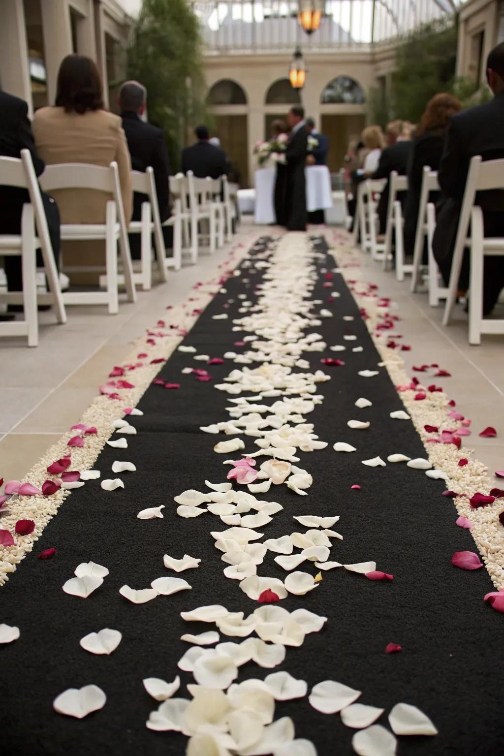A dramatic ceremony passage lined with monochrome petals creates a stunning visual.