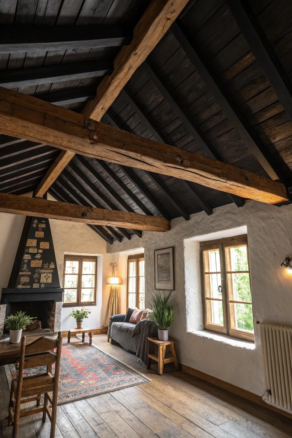 A rustic room where a dark overhead adds warmth and charm.