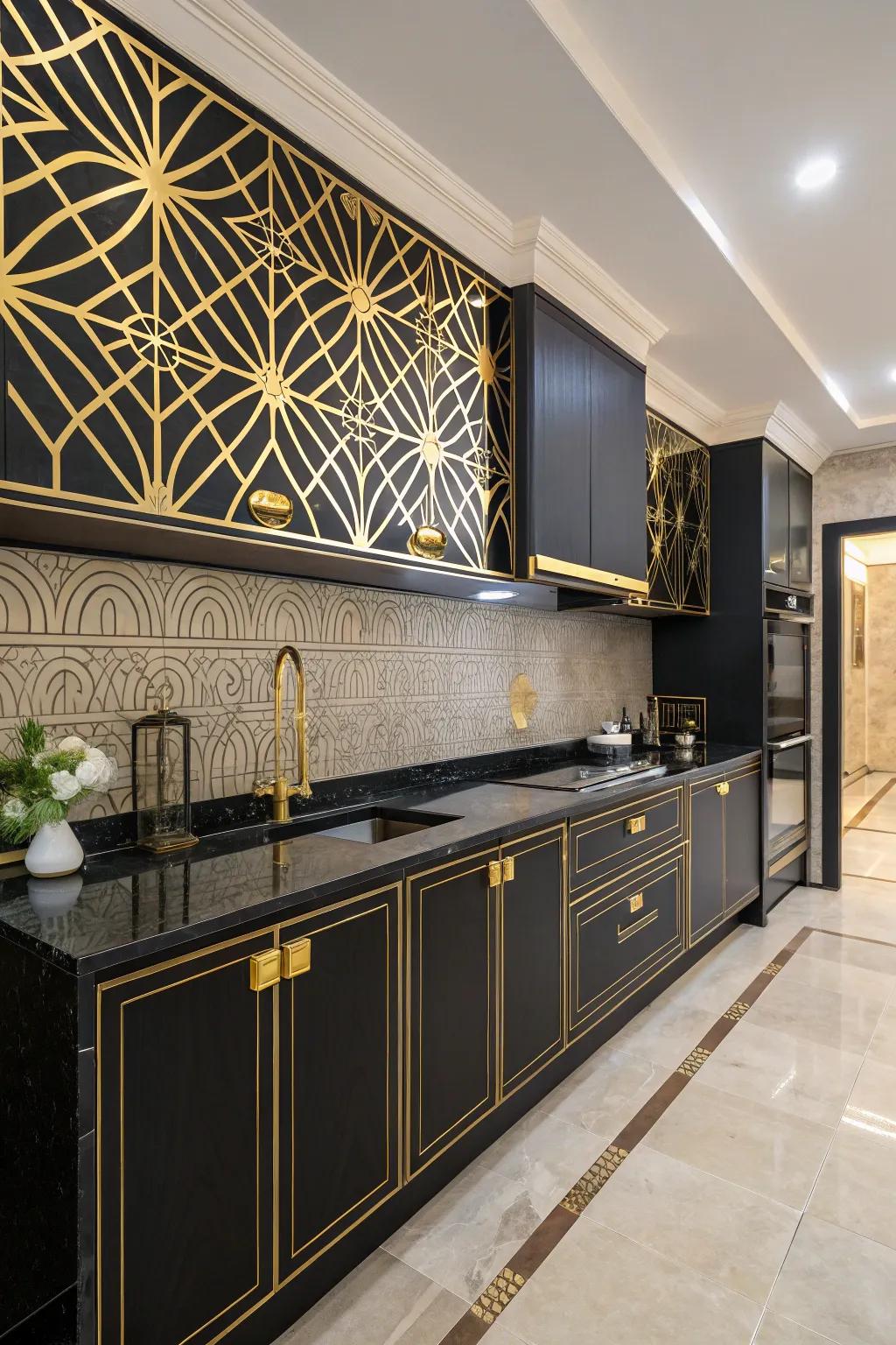 Art Deco style with ebony worktops and glistening accents.