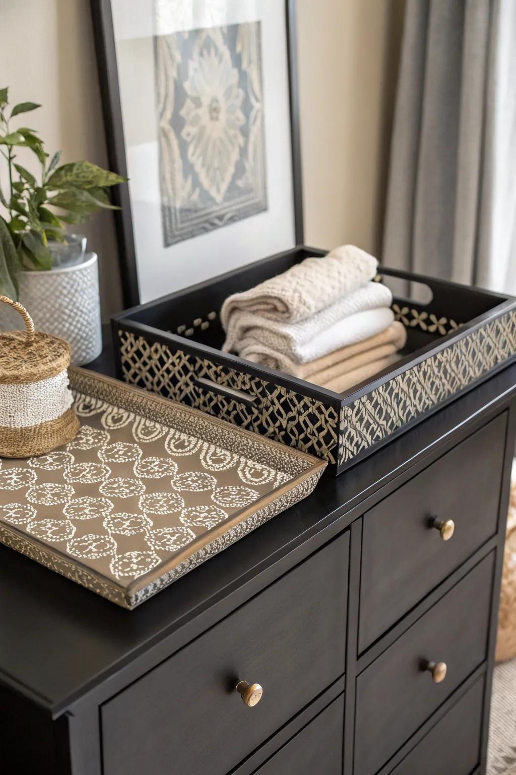 A dark wood dresser transformed with a pop of pattern in its decor.
