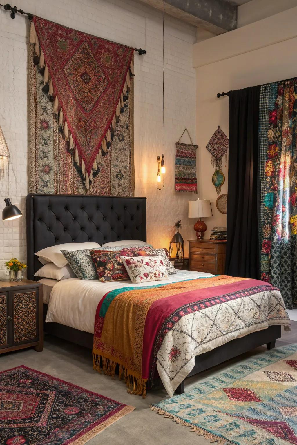 Varied bedroom featuring a bohemian touch and dark-toned headboard