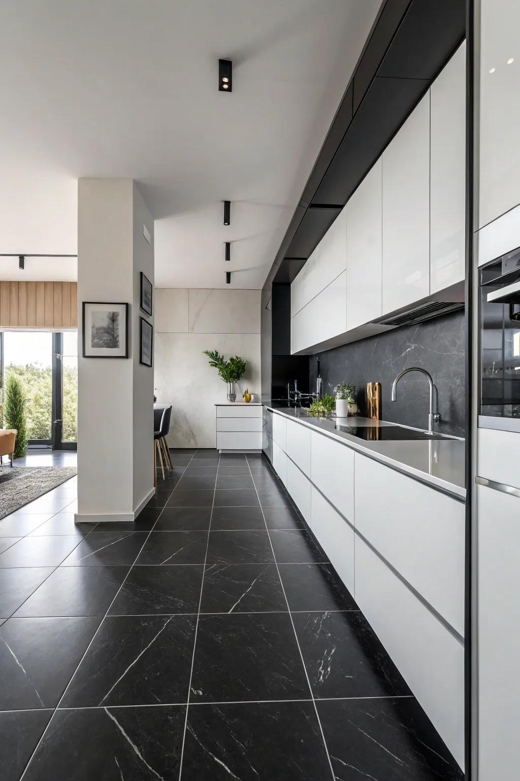 A monochrome kitchen where ebony floors fashion a cohesive design.