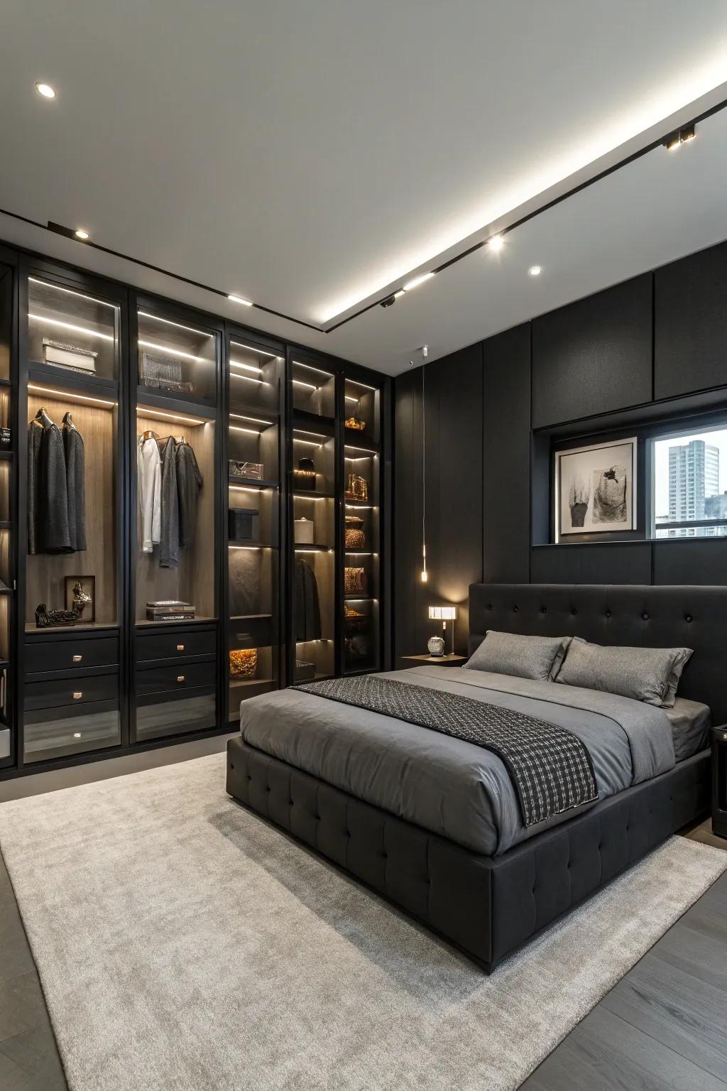 Integrated storage helps maintain your charcoal bedroom sleek and tidy.