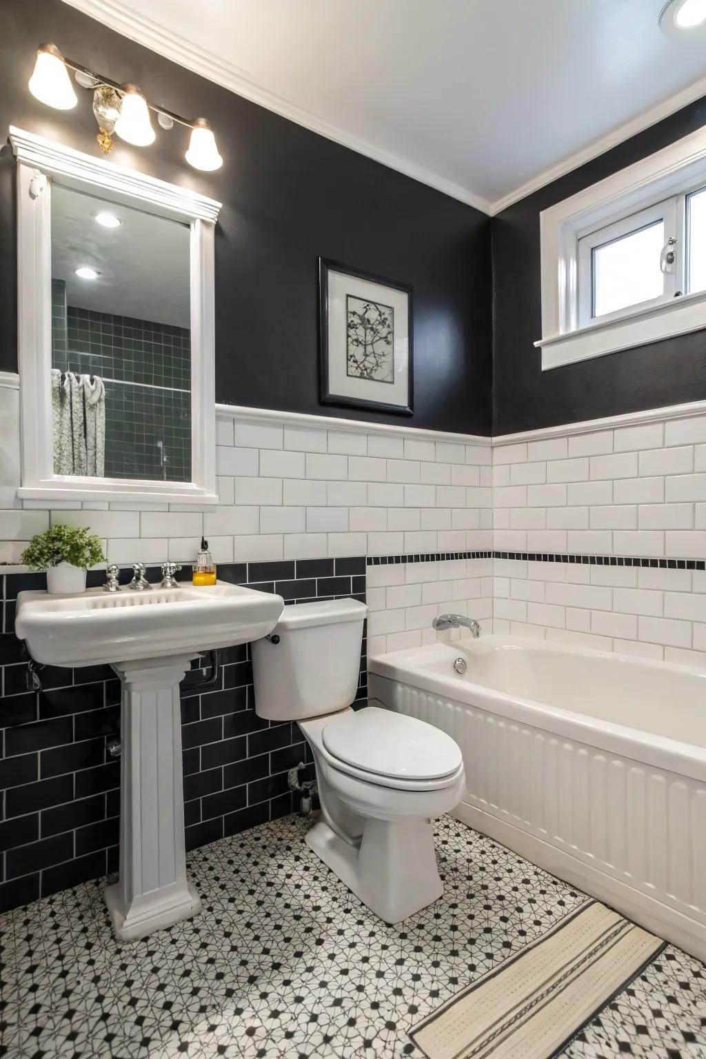 Tile wainscoting adds layers and sophistication to this bathroom.