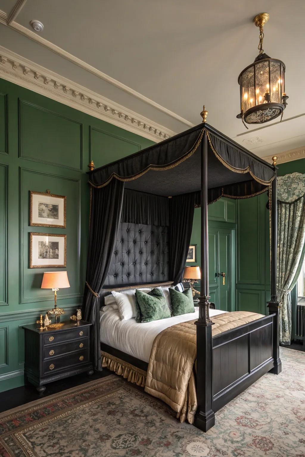 Ebony wainscoting paired with verdant walls for a classic visual.