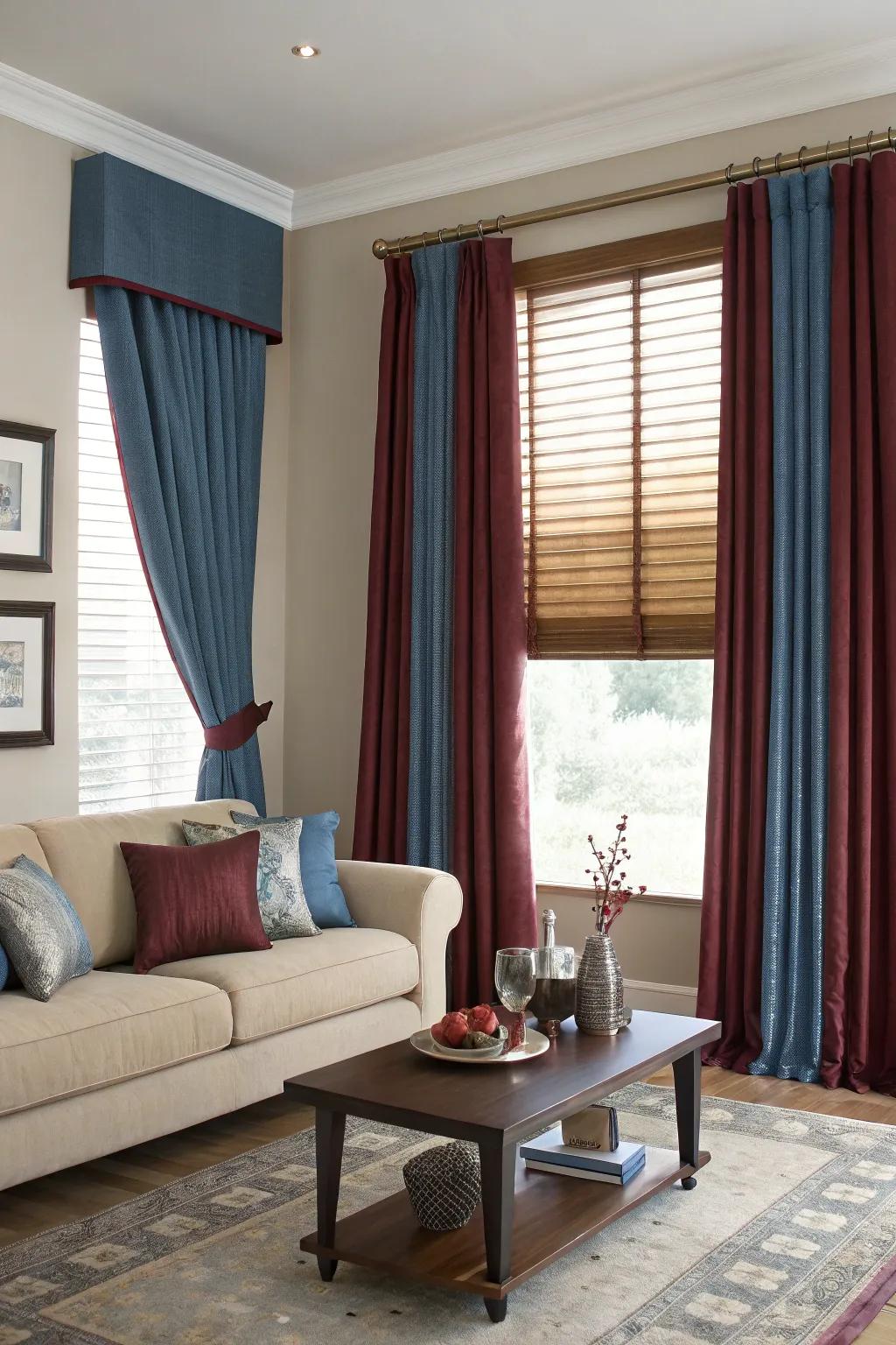 Window adornments in azure and wine tones enhance the room's cohesive aesthetic.