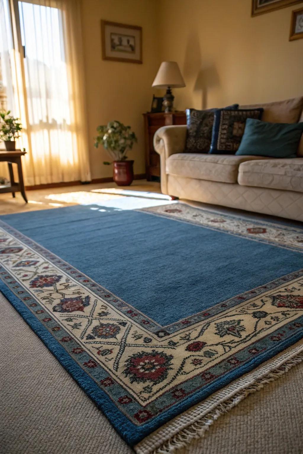 Layering rugs adds depth and style to a lounge with a blue carpet.