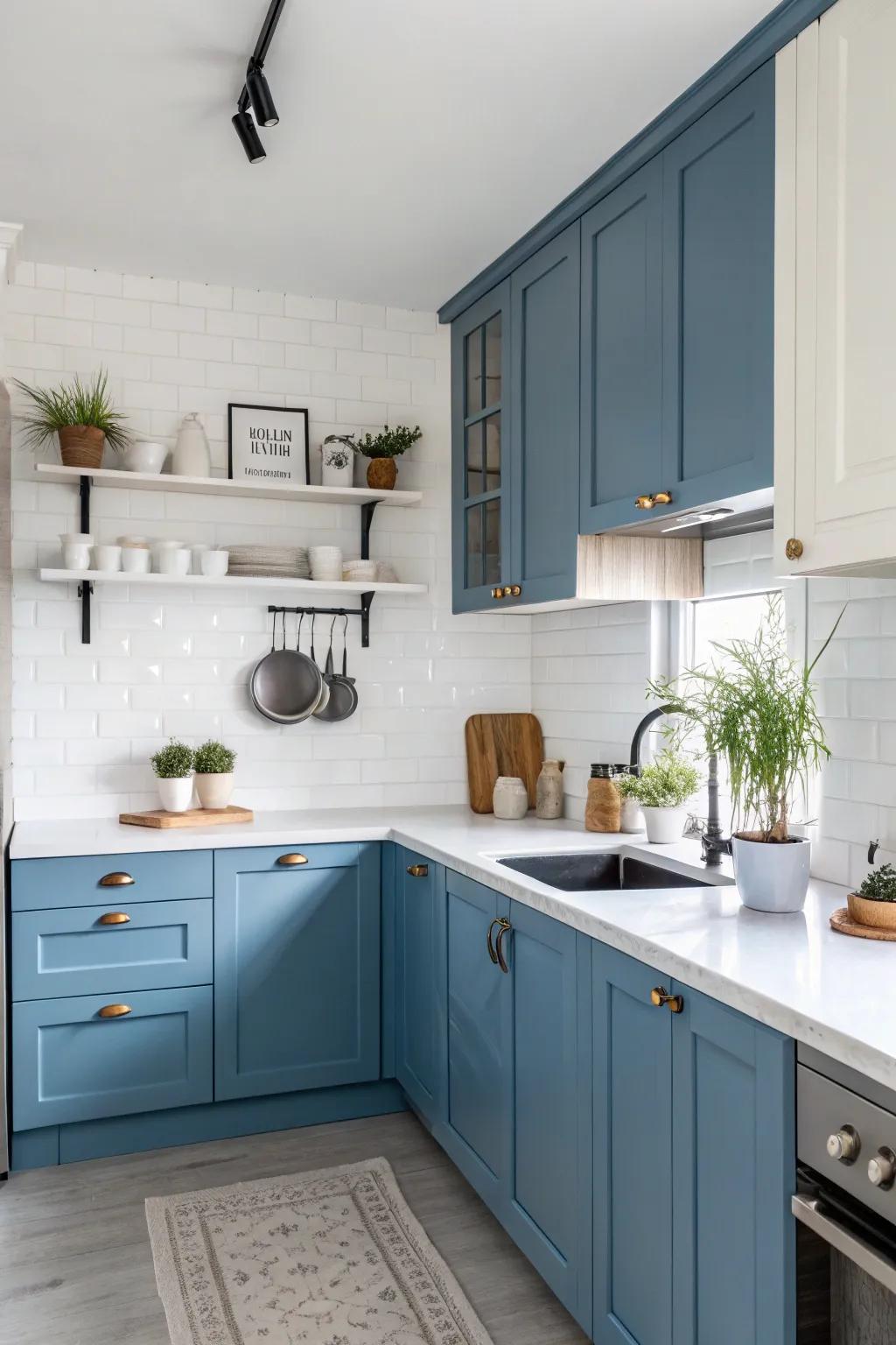 Contrasting worktops make azure cupboards standout and infuse visual interest.