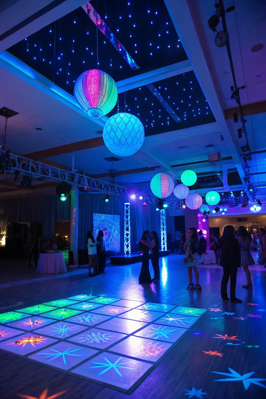 A radiant dark-light party configuration featuring dynamic azure neon illuminations.