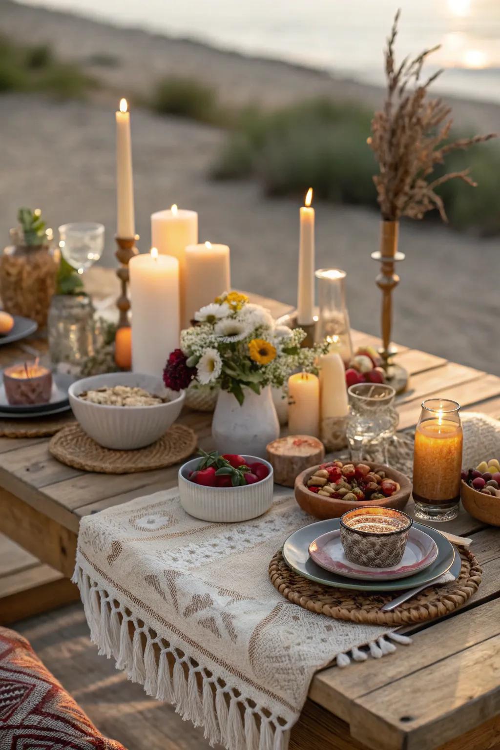 A candlelit ambiance adds warmth and coziness to the boho brunch.