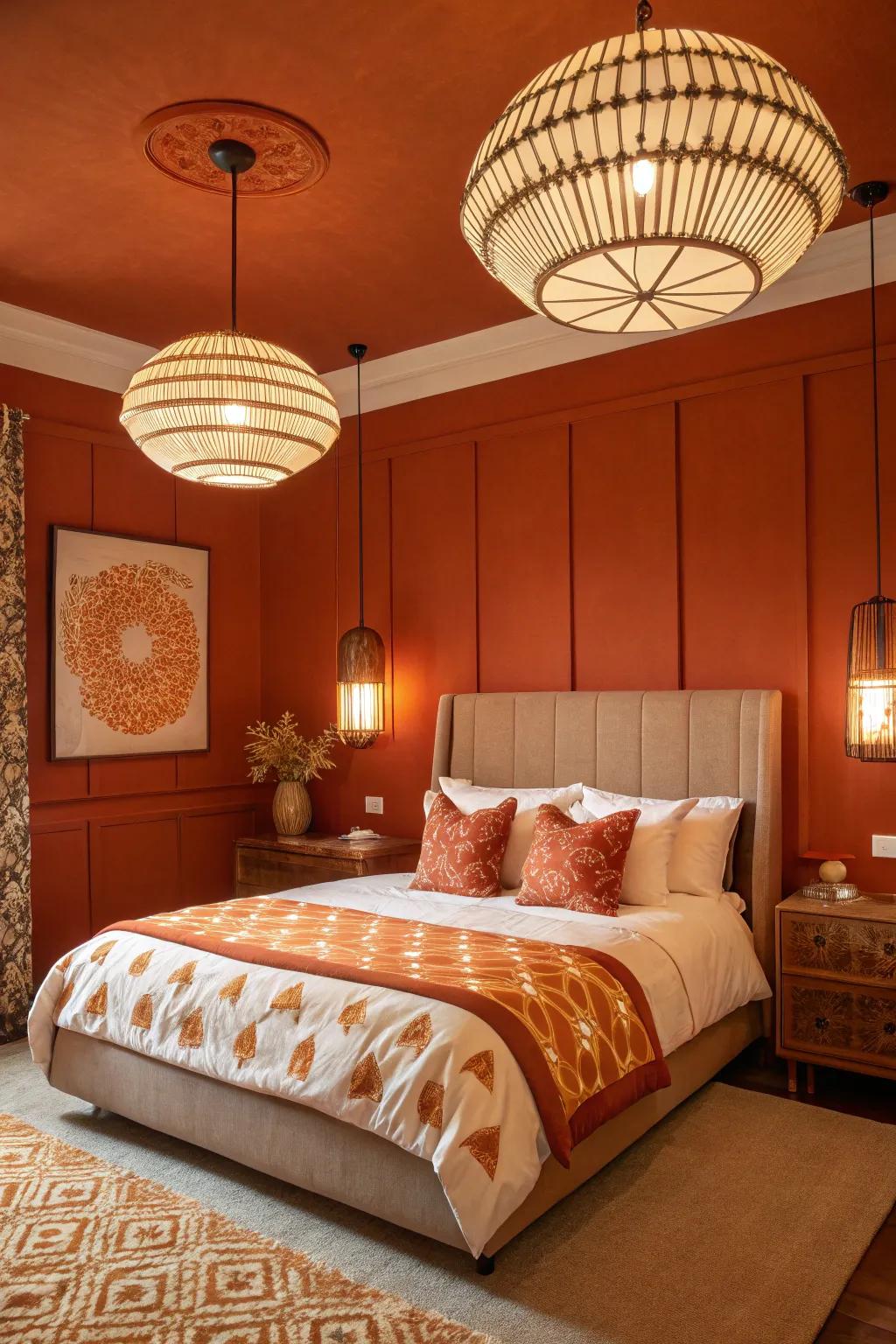 Inventive illumination enhancing the room's charm.