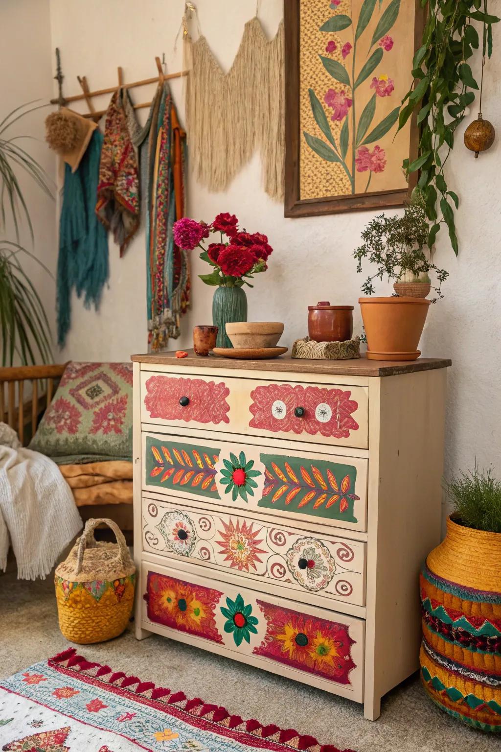 Vibrant highlights inject a burst of color into this boho dresser.